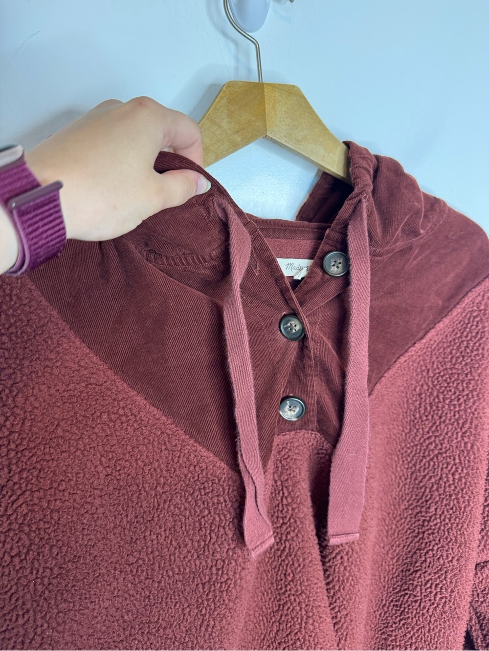 Madewell (Re)sourced Fleece Button-Front Hoodie Sweatshirt Red Burgundy XXL - Picture 4 of 7